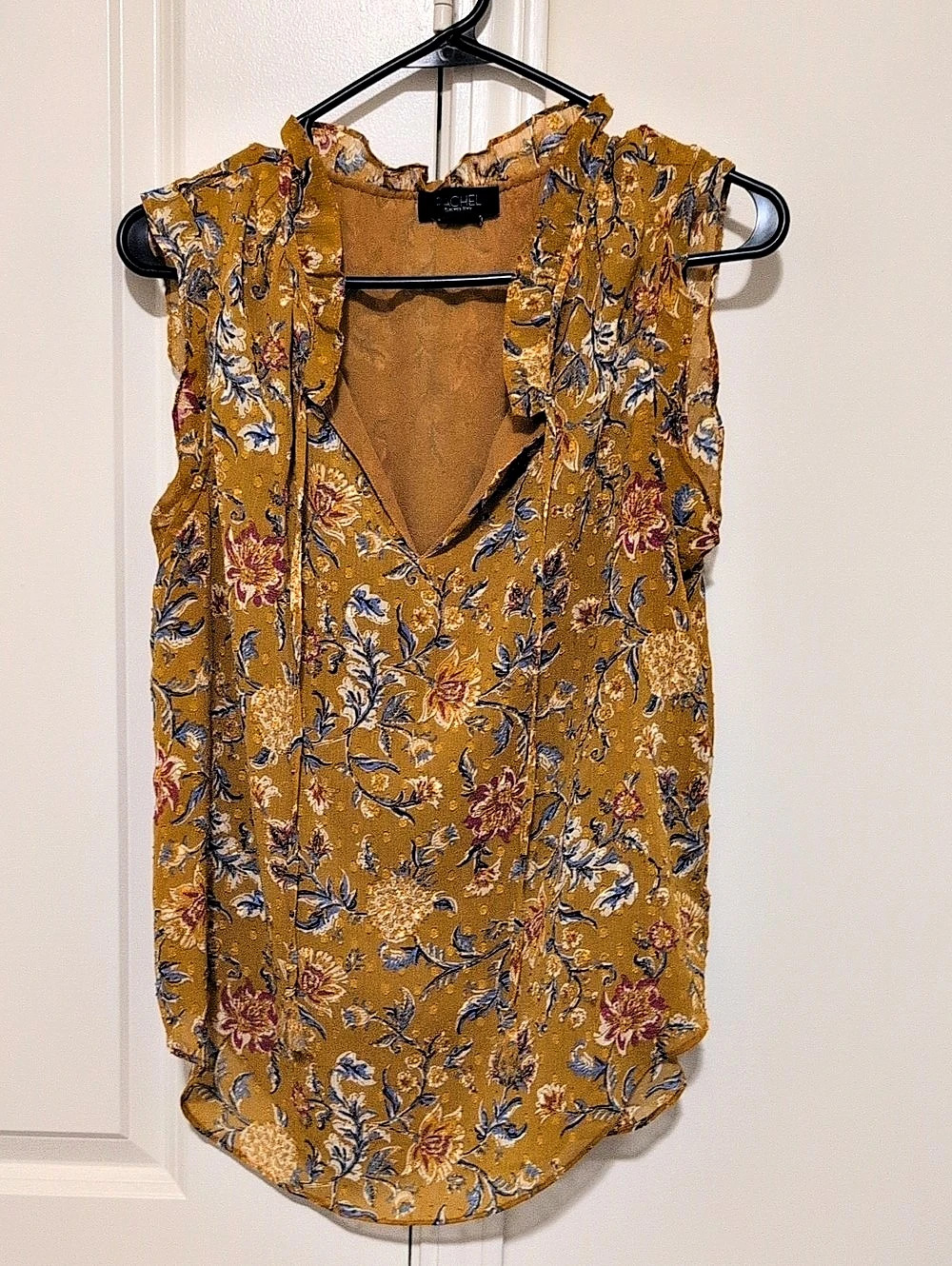 Rachel Roy Floral Ruffle Blouse in Mustard & Blue Size XS